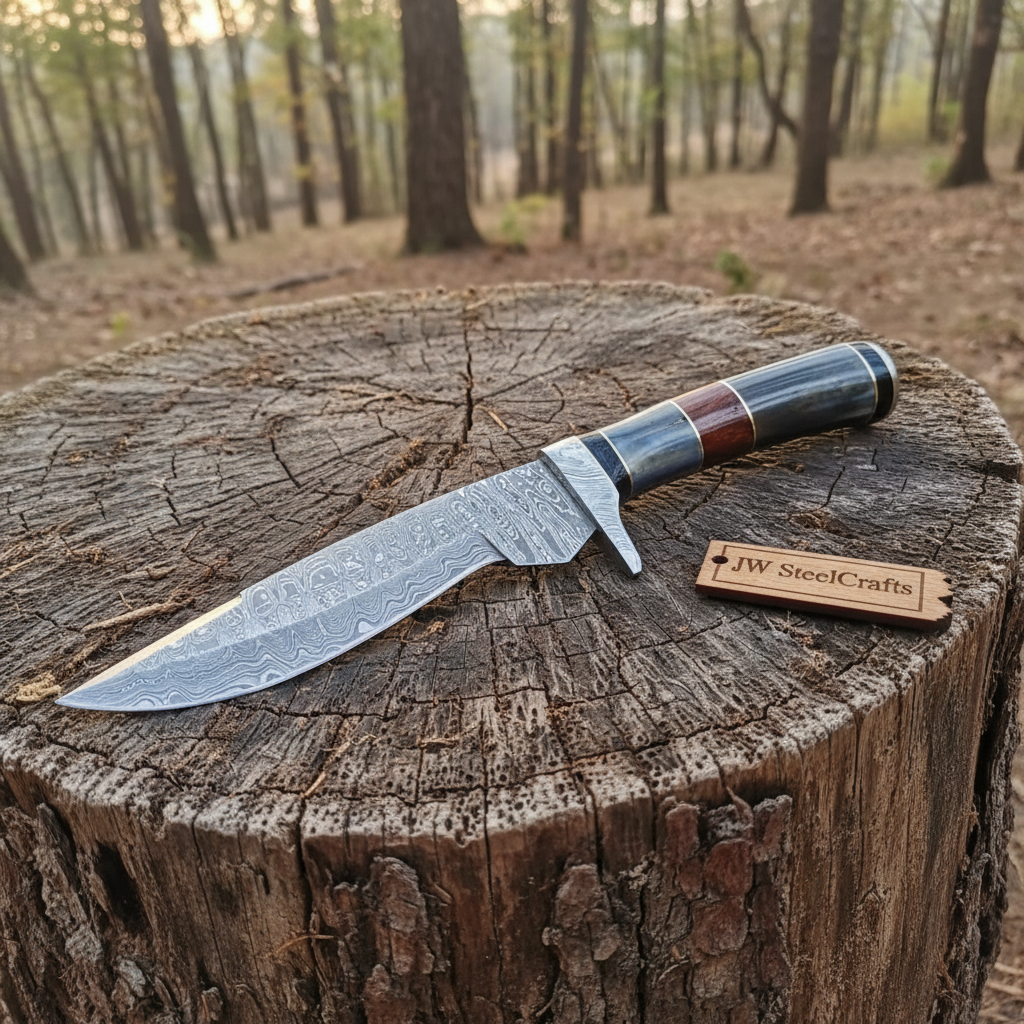 Handmade damascus steel knife with bone handle on dark surface