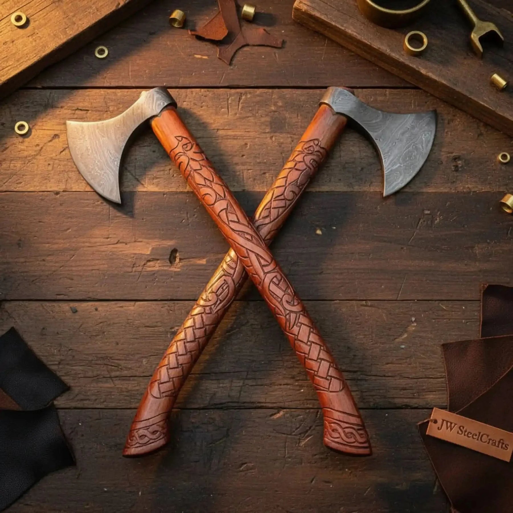 Damascus steel axe head with wood handle on rustic wood surface