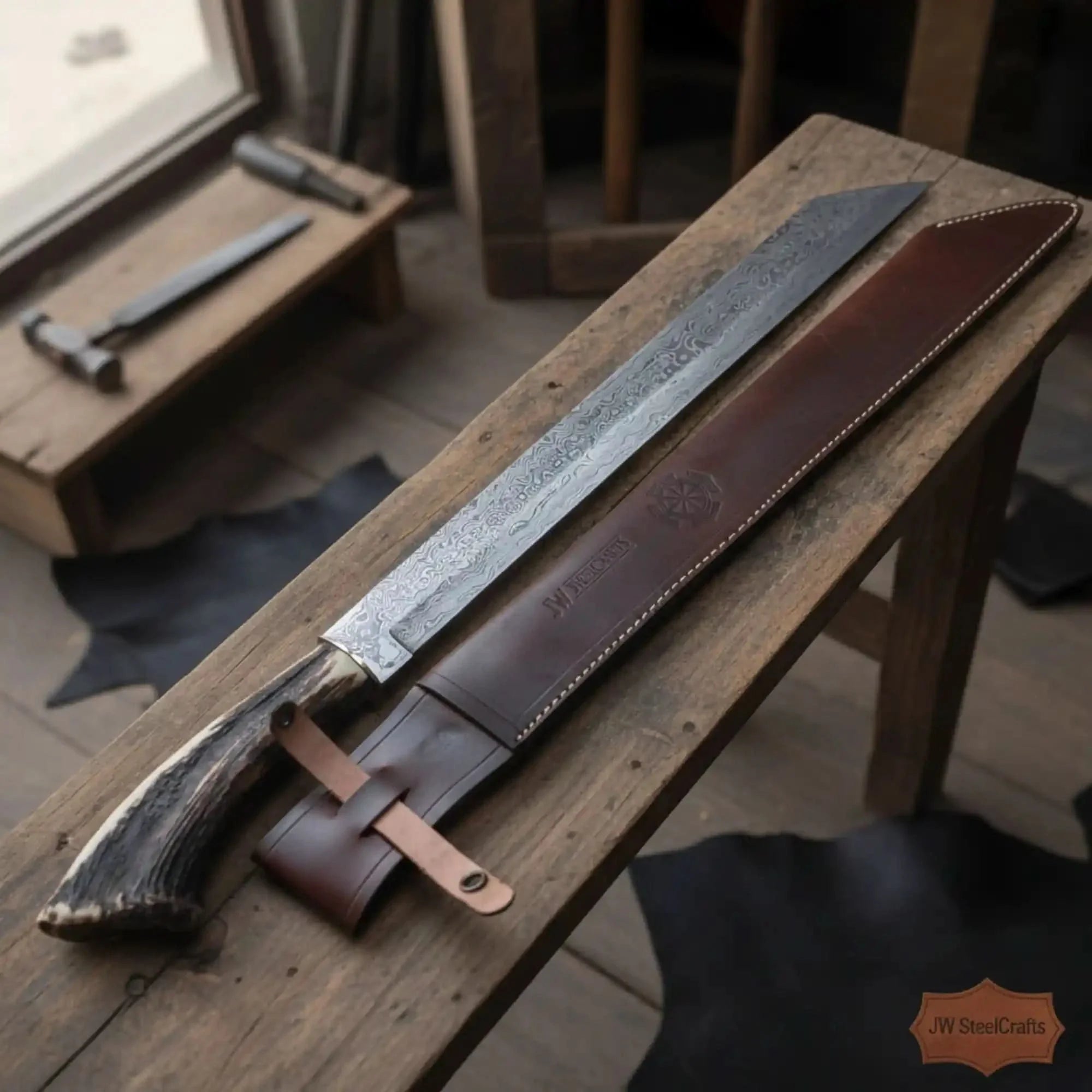 Handmade damascus steel knife with premium handle on dark surface