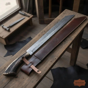 Handmade damascus steel knife with premium handle on dark surface