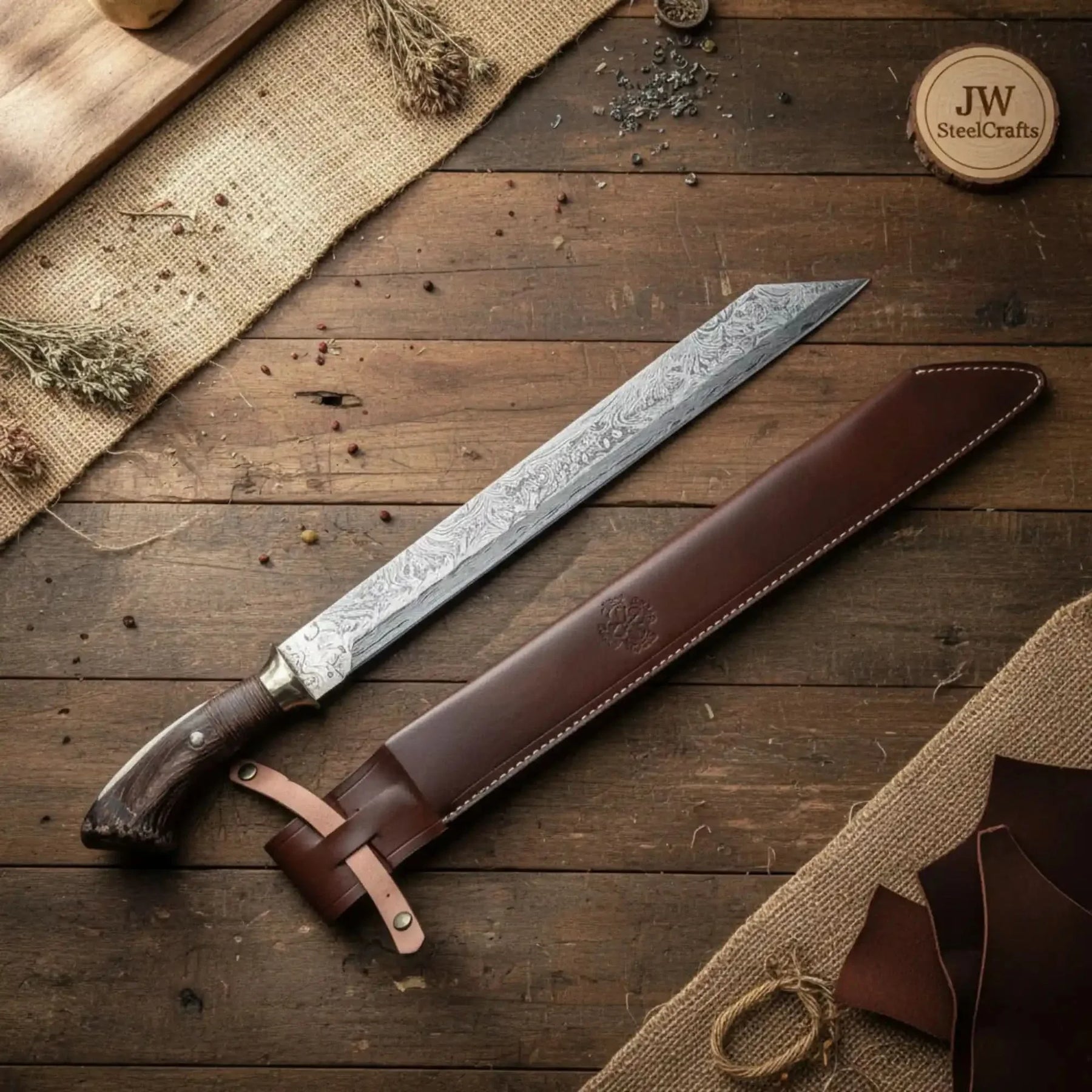 Long Seax Knife Straight Back Blade-Damascus steel | Medieval Style Knife