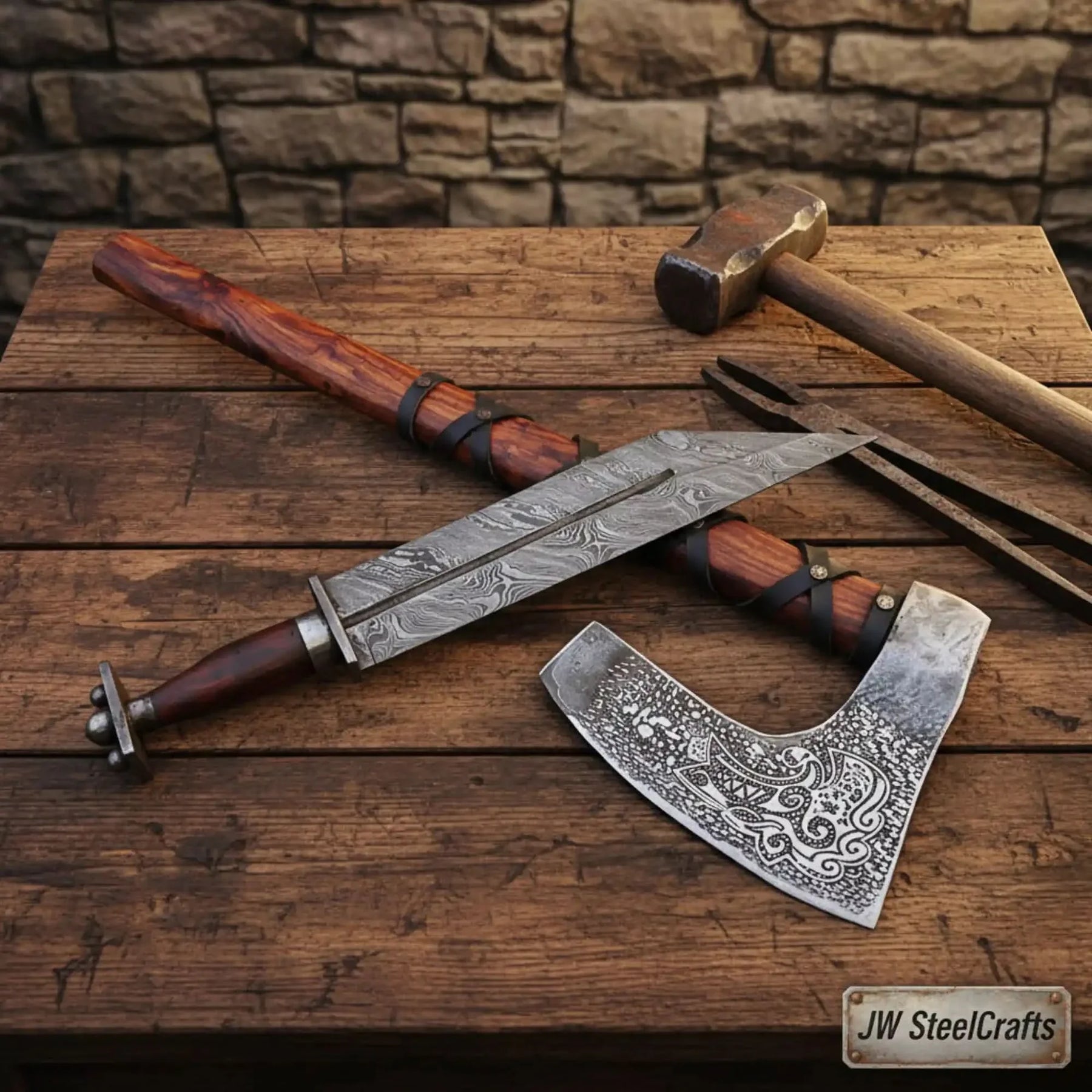 Damascus steel axe head with wood handle on rustic wood surface