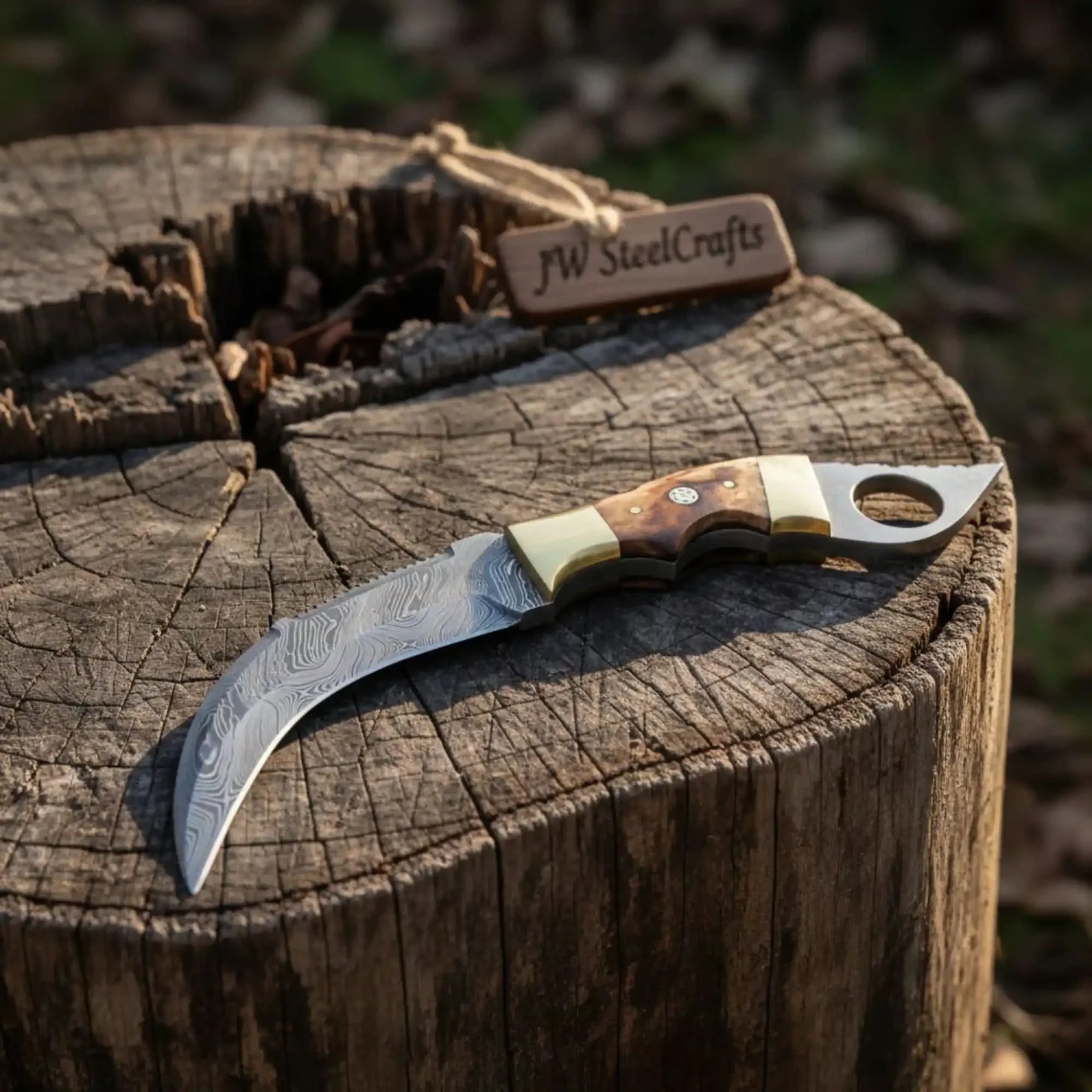 Damascus Steel Knife with Burned Bone Handle & Brass Bolster by JW SteelCrafts