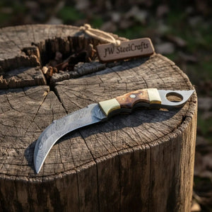 Damascus Steel Knife with Burned Bone Handle & Brass Bolster by JW SteelCrafts