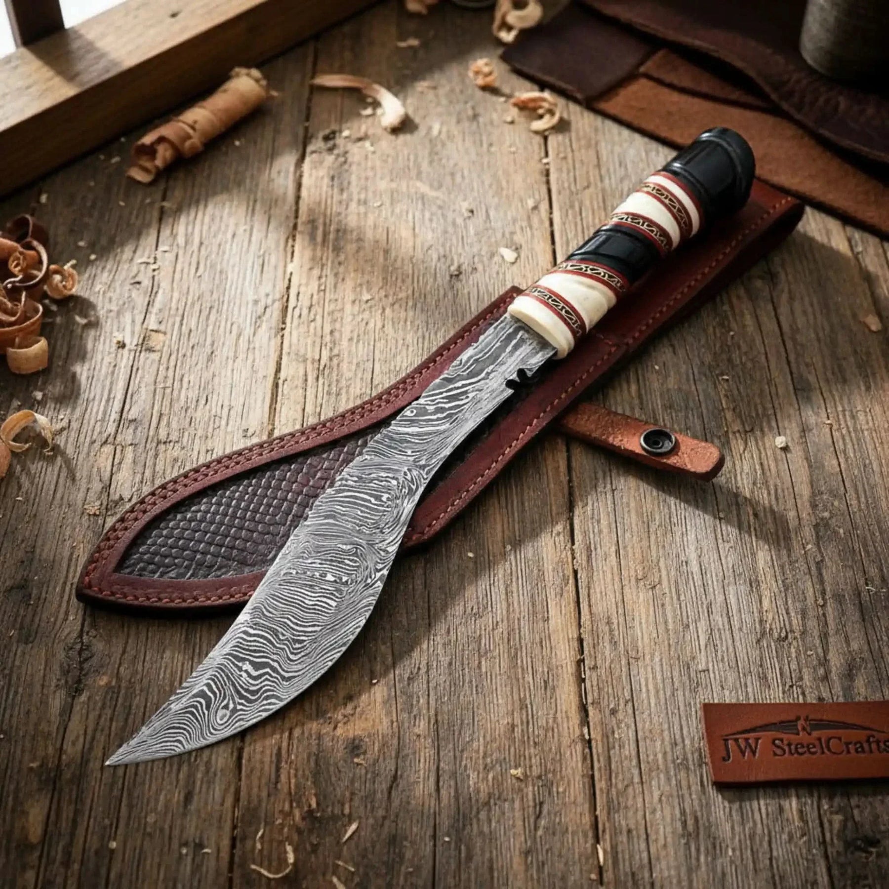 Custom Ghurkha Kukri Knife Curved Blade Damascus Steel Outdoor Chopping Tool by JW SteelCrafts