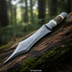 Handmade Damascus Medieval Spear Point Dagger with Stag Horn Handle
