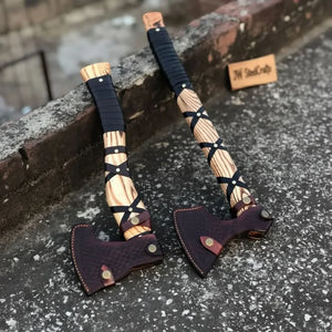 Dual Camping Hatchets Steel Heads Carved Wood Handle Balanced Set