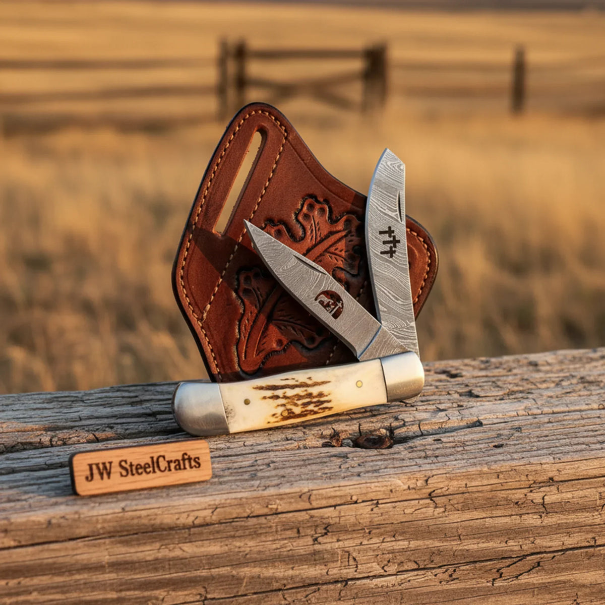 Praying Cowboy Trapper Knife with Stag Horn Handle by JW SteelCrafts