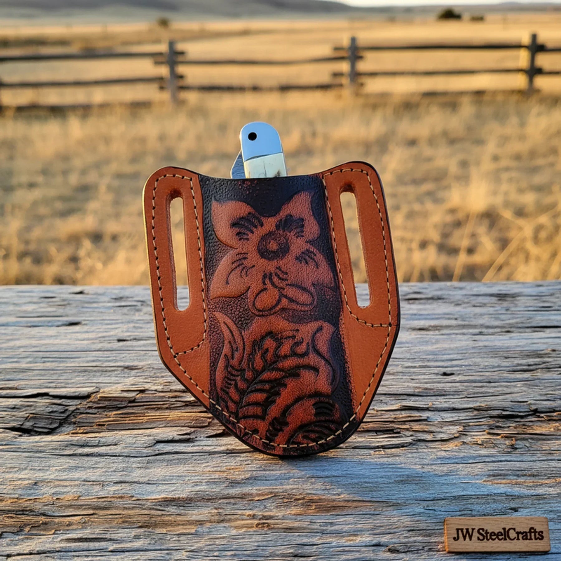 Dual-Blade Stag Slipjoint Folder knife Stag Horn Handle, Steel Bolster, Engraved Sheath