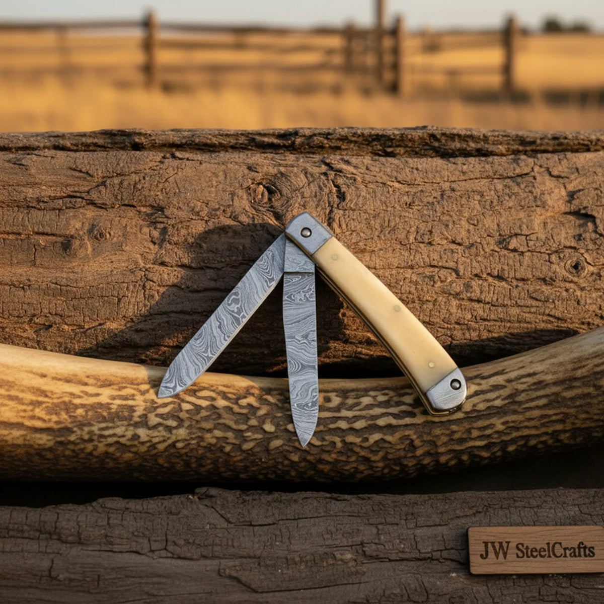 2-Blade Damascus Bone Trapper with Wood-Grain Damascus Blades by JW SteelCrafts