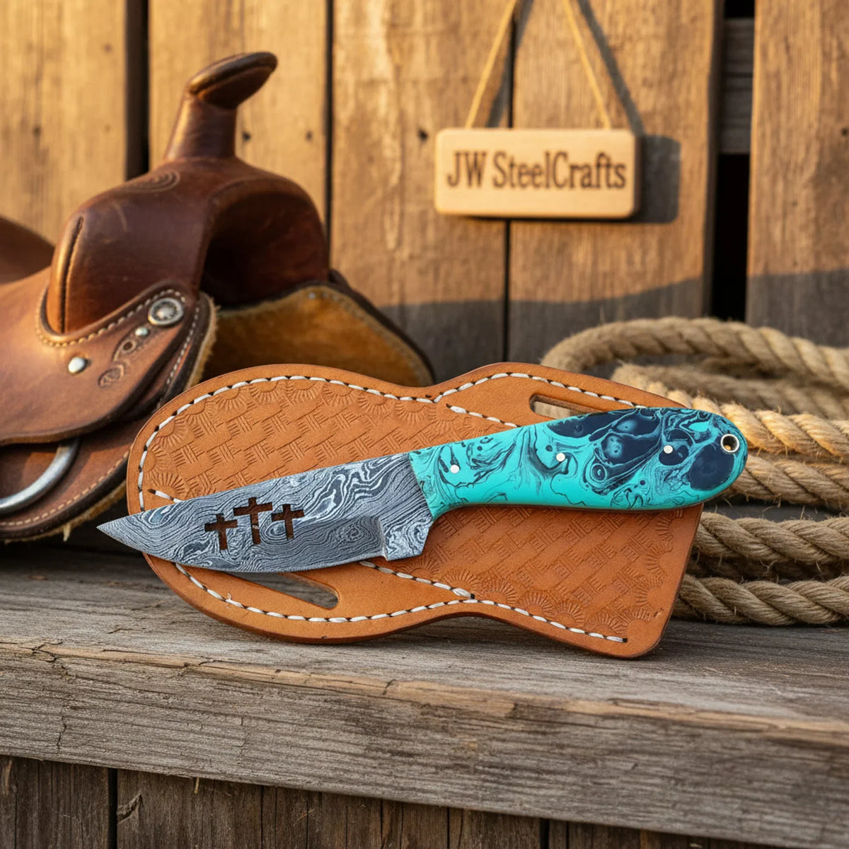 Three Crosses Cutout Skinner Knife with Teal Resin Handle by JW SteelCrafts