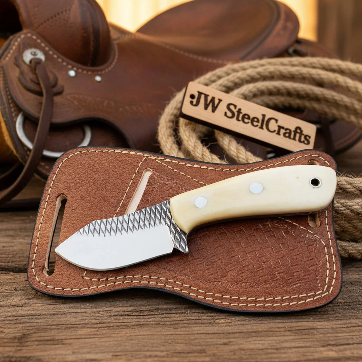 Bone-Handle Short Skinner Knife with Rasp Steel Blade for Everyday Carry by JW SteelCrafts
