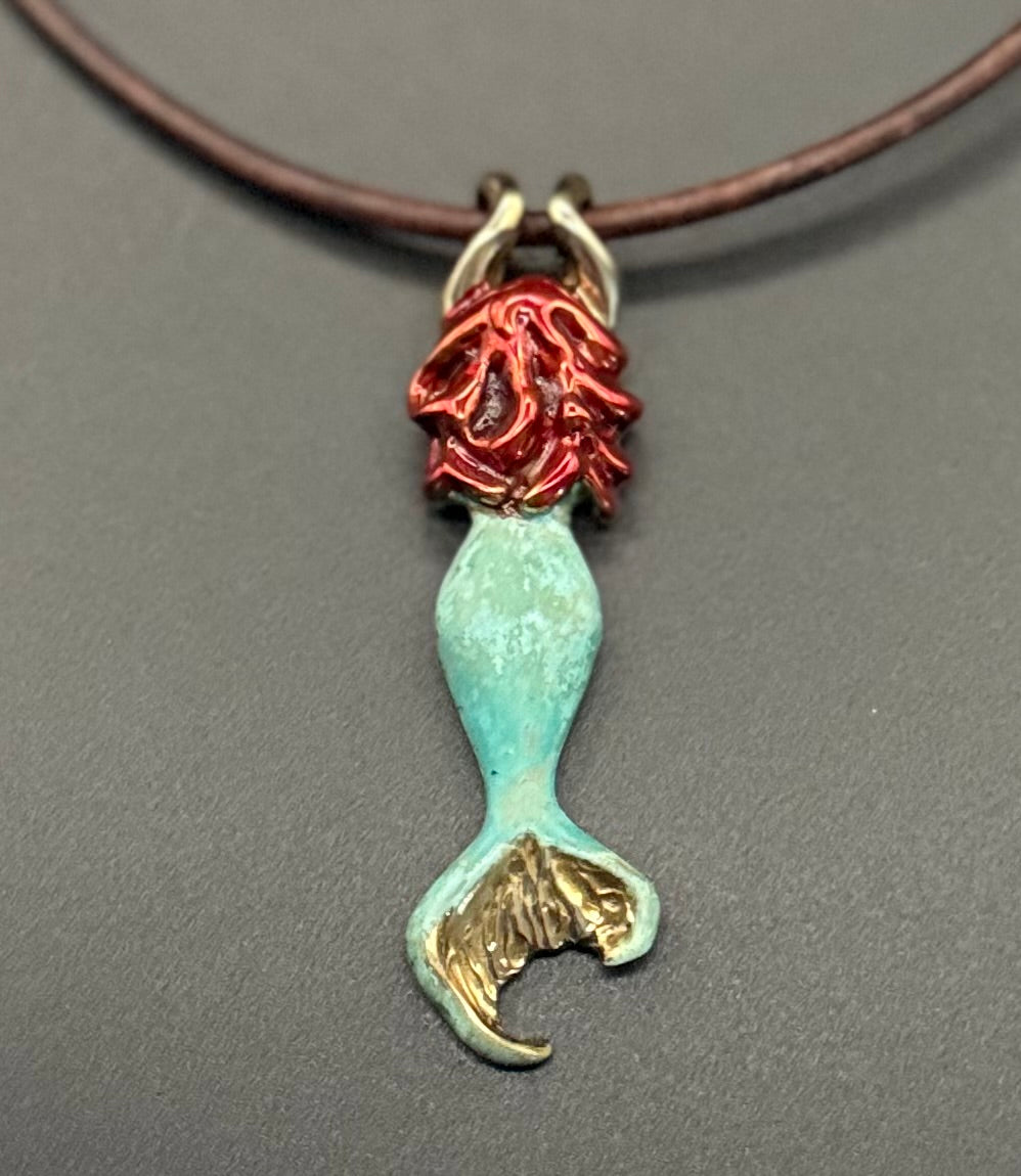 Bronze Redheaded Mermaid Pendant with Verde Patina