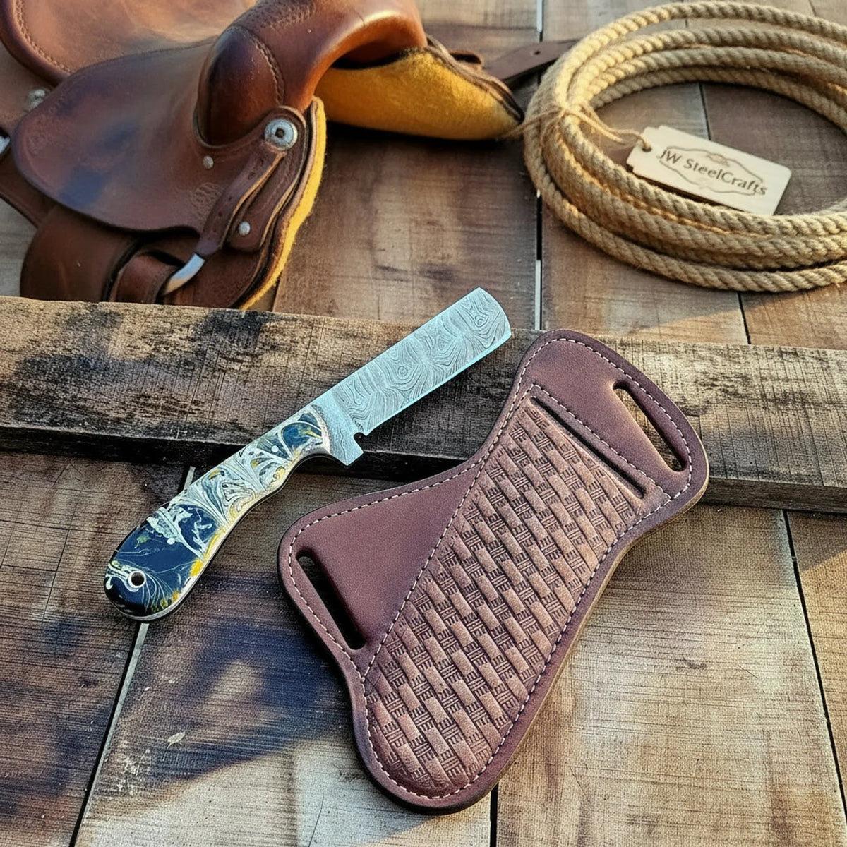 Swirl Resin Bull Cutter with Damascus Steel Blade by JW SteelCrafts