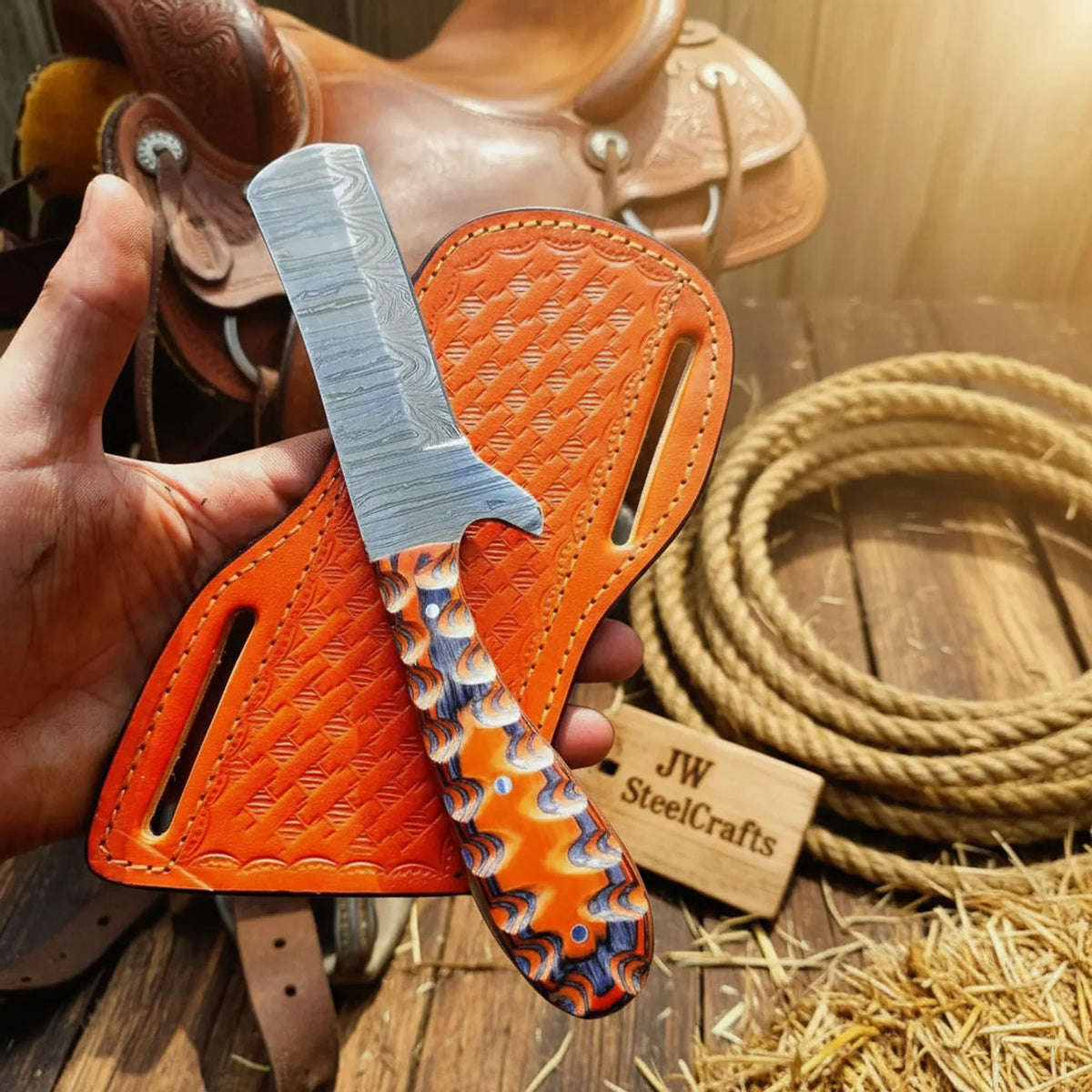 Damascus Straight Razor Knife with Multicolor Resin Handle by JW SteelCrafts