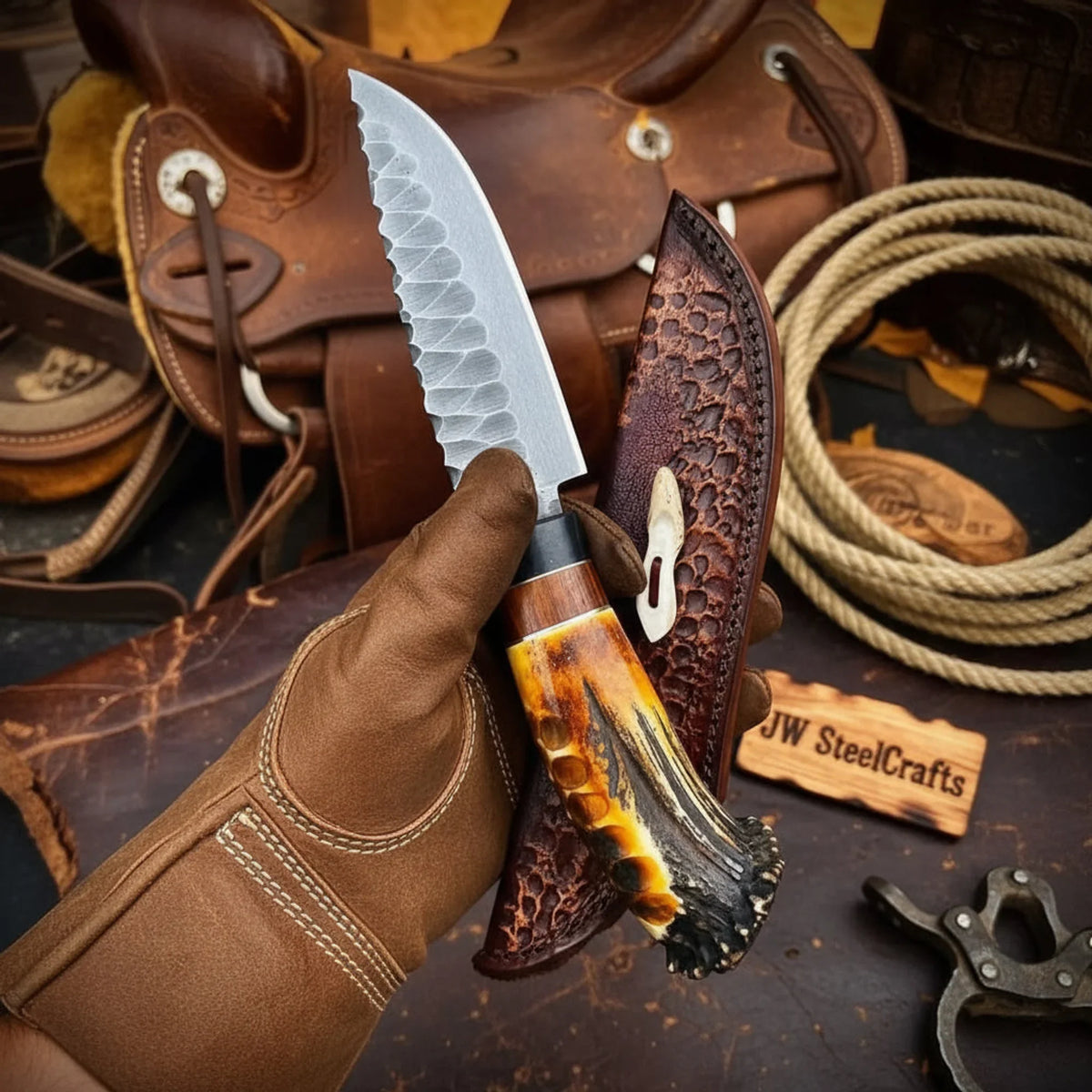 Hammer-Forged Scalloped Skinner Knife with Carbon Steel Blade by JW SteelCrafts