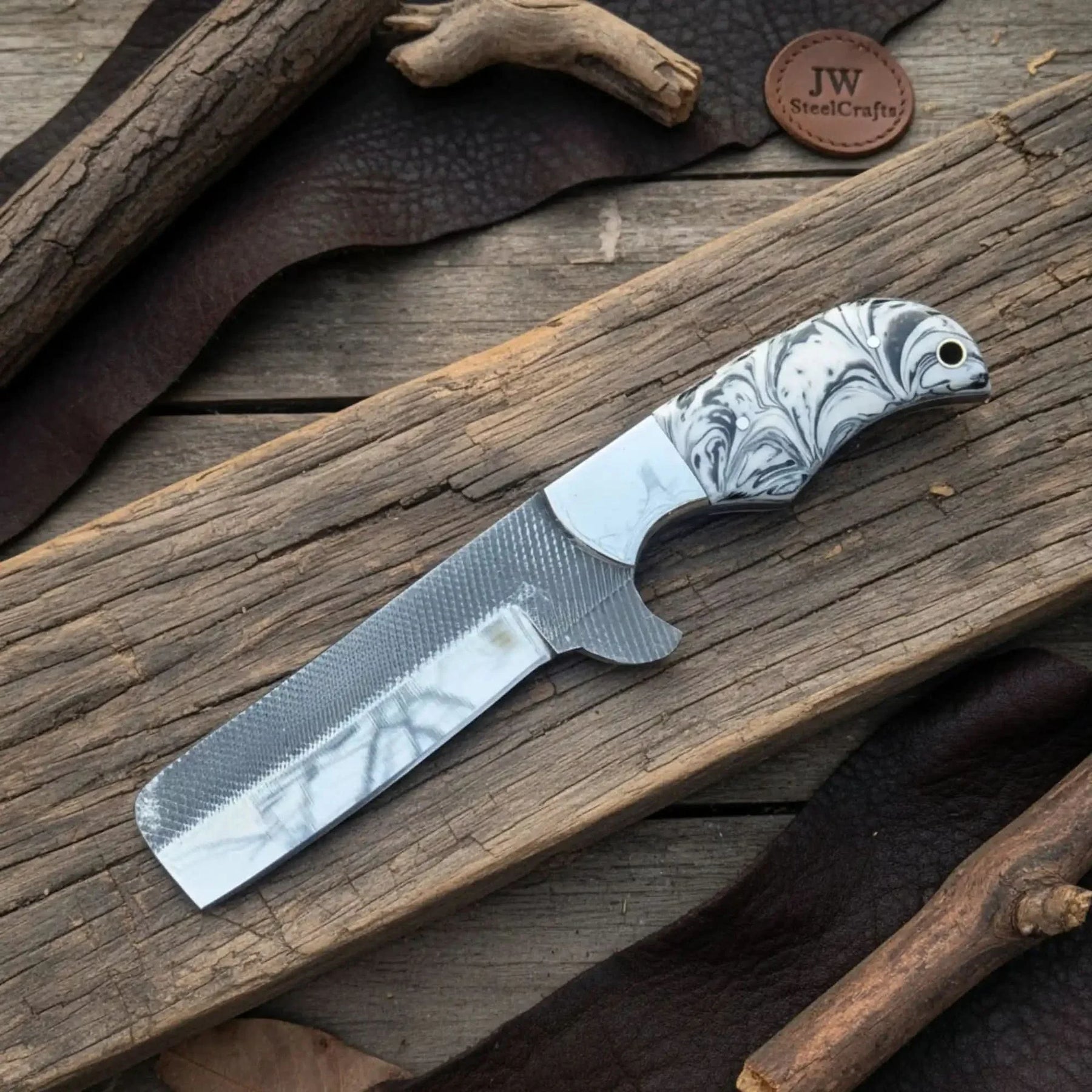 Rasp Steel Bull Cutter Knife — White and Black Marble Resin Handle, Bottle Opener Blade, Steel Bolster & Lanyard Hole by JW SteelCrafts