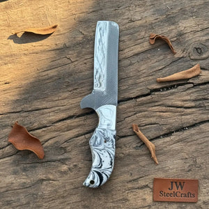 Rasp Steel Bull Cutter Knife — White and Black Marble Resin Handle, Bottle Opener Blade, Steel Bolster & Lanyard Hole