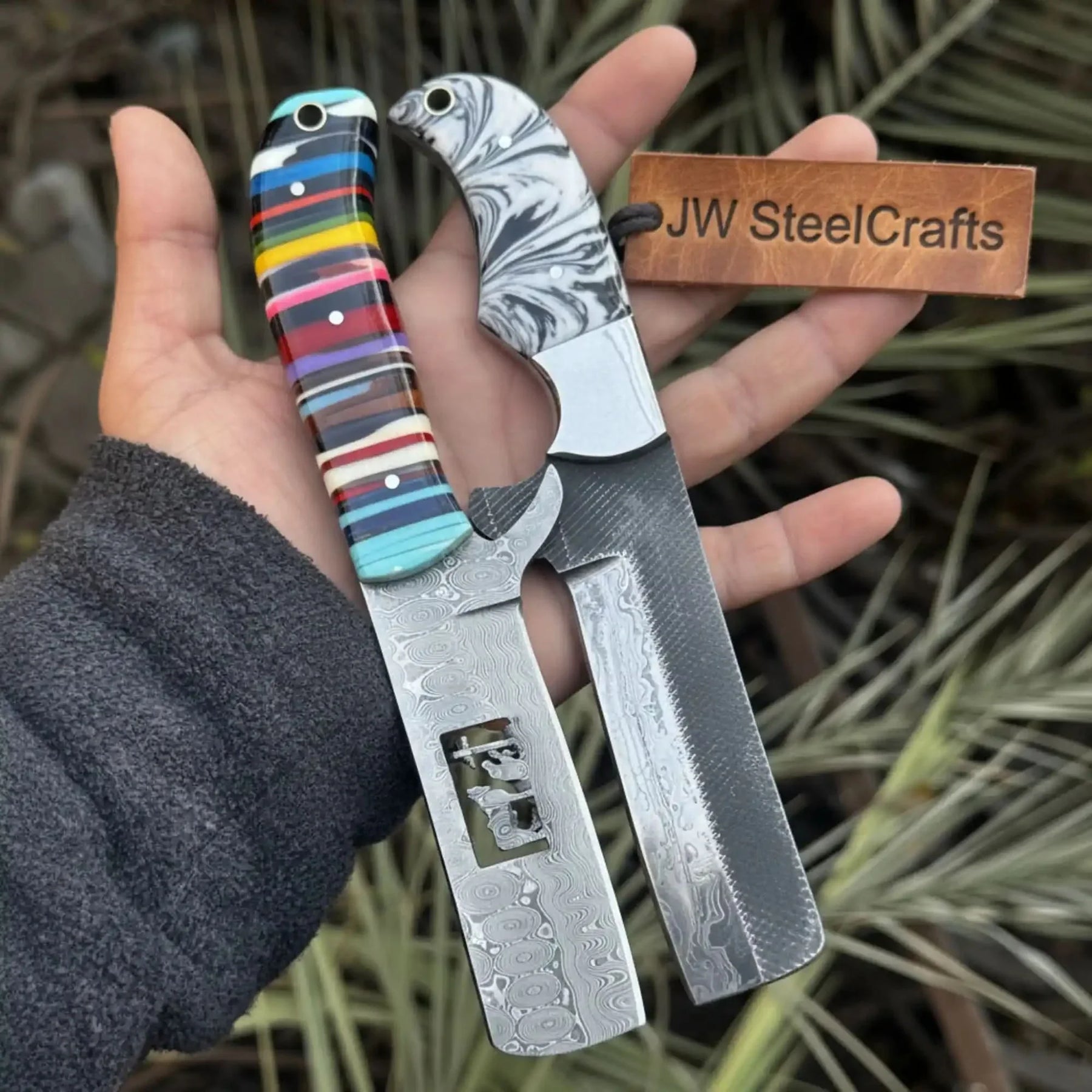 2-Piece Fixed Blade Knives — Rasp Steel Cleaver Rainbow Resin Handle & Damascus Sheepsfoot Marble Resin Handle