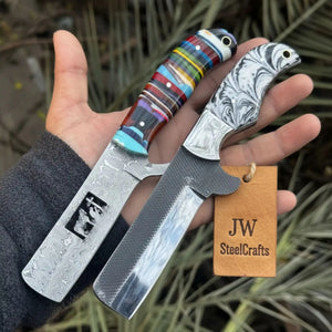 2-Piece Fixed Blade Knives — Rasp Steel Cleaver Rainbow Resin Handle & Damascus Sheepsfoot Marble Resin Handle
