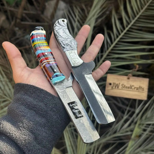2-Piece Fixed Blade Knives — Rasp Steel Cleaver Rainbow Resin Handle & Damascus Sheepsfoot Marble Resin Handle