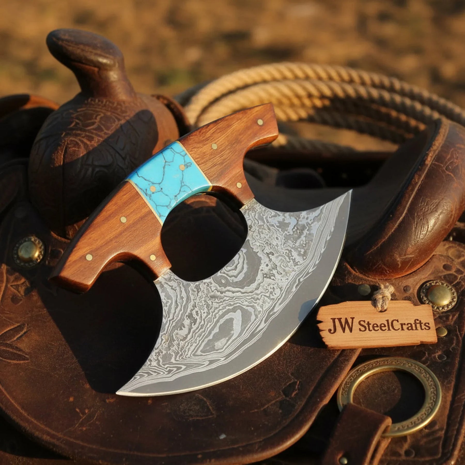 Damascus Push Dagger Ulu knife 4" Rosewood Turquoise Handle Kitchen Chopper Pizza Cutter