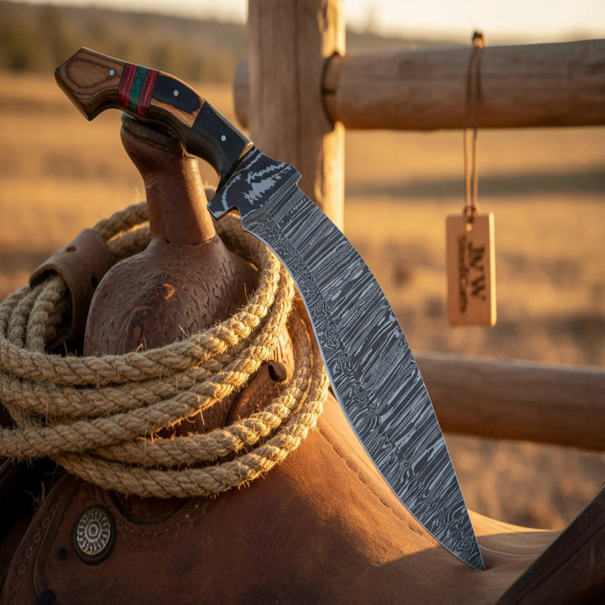 Damascus Kukri Knife with Natural Wood Handle and Forward Curved Blade by JW SteelCrafts