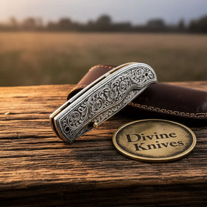 Hand Engraved Folding Knife with Carbon Steel Blade and Silver Handle