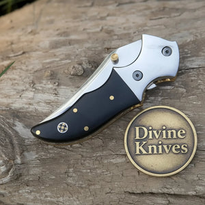 Linear Lock Folding Knife with Black Resin Handle and Cowhide Leather Sheath