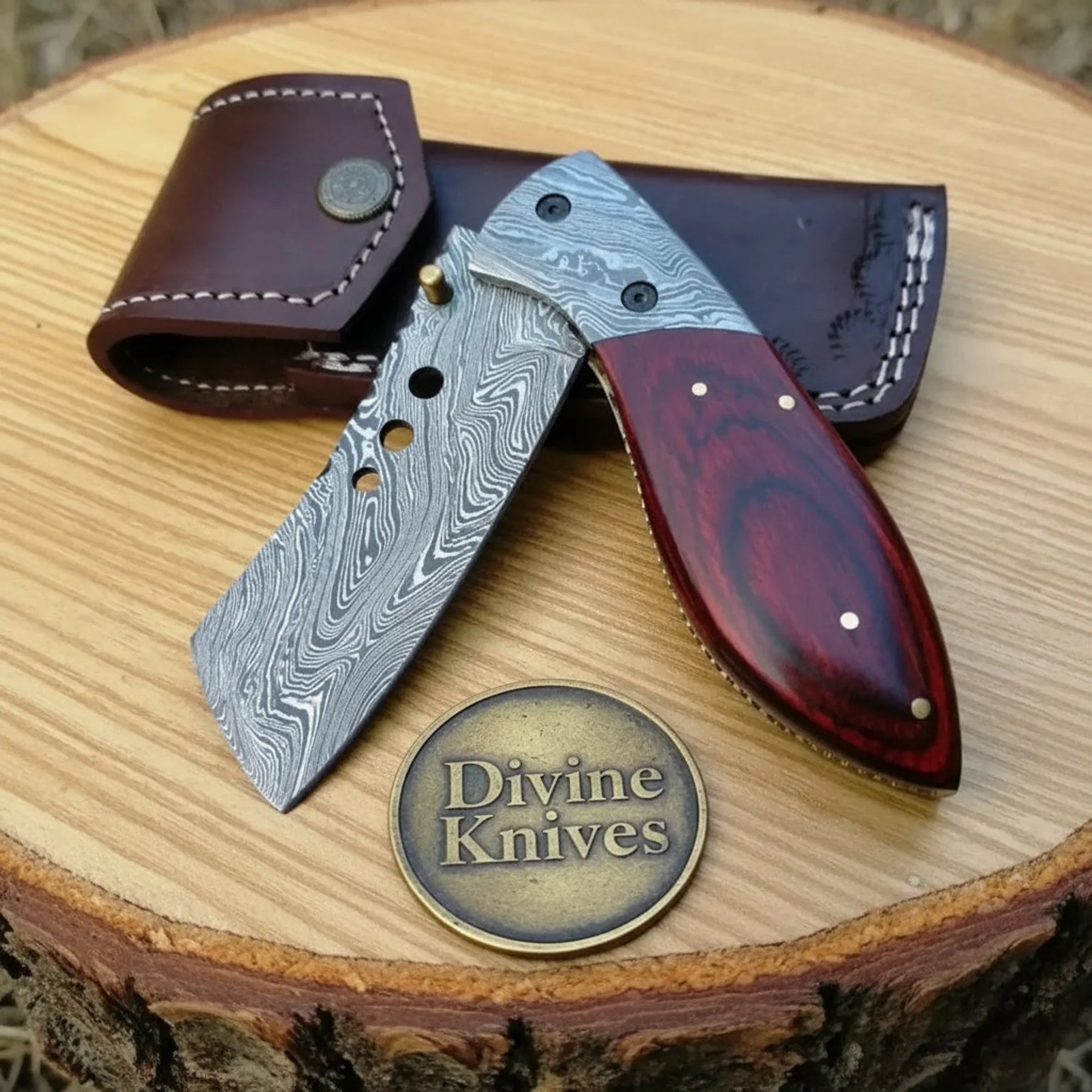 Tanto Style Damascus Folding Knife with Pakka Wood Handle