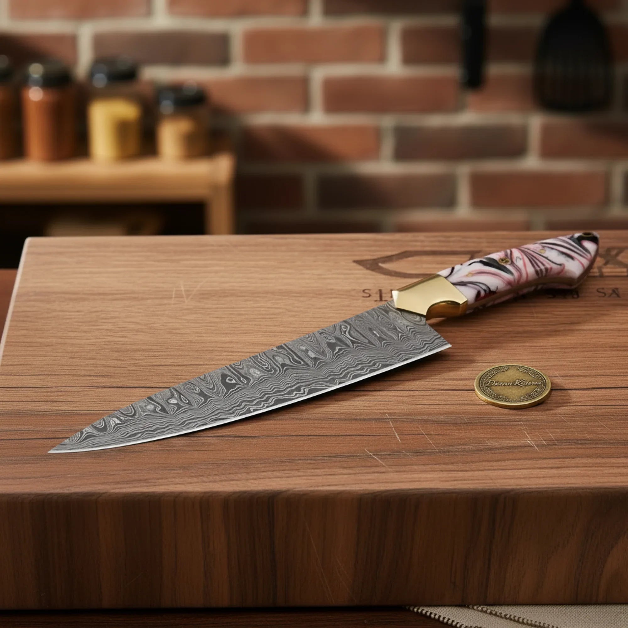 Copper Damascus Chef Knife with Bone Handle – Handcrafted Kitchen & Collector's Piece