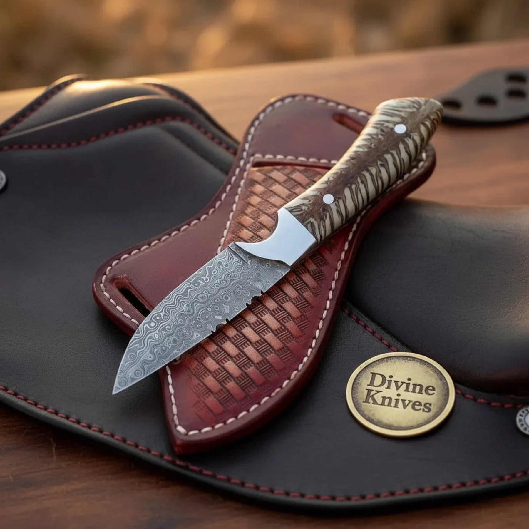 Pine Cone Resin Cowboy Knife with Damascus Blade – Handmade Outdoor & Hunting Tool