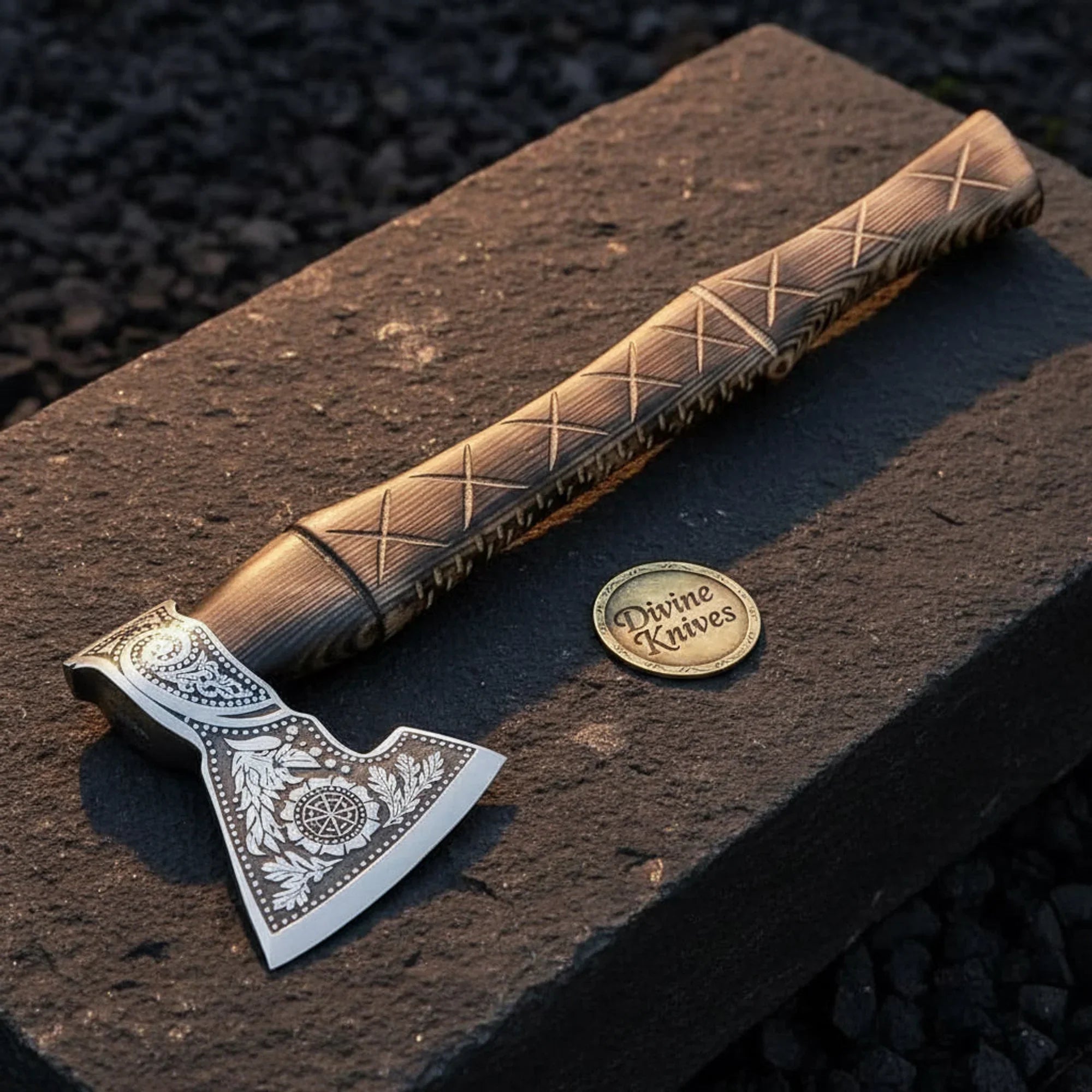 Viking Axe with Floral-Etched Head & Hand-Carved Ash Handle