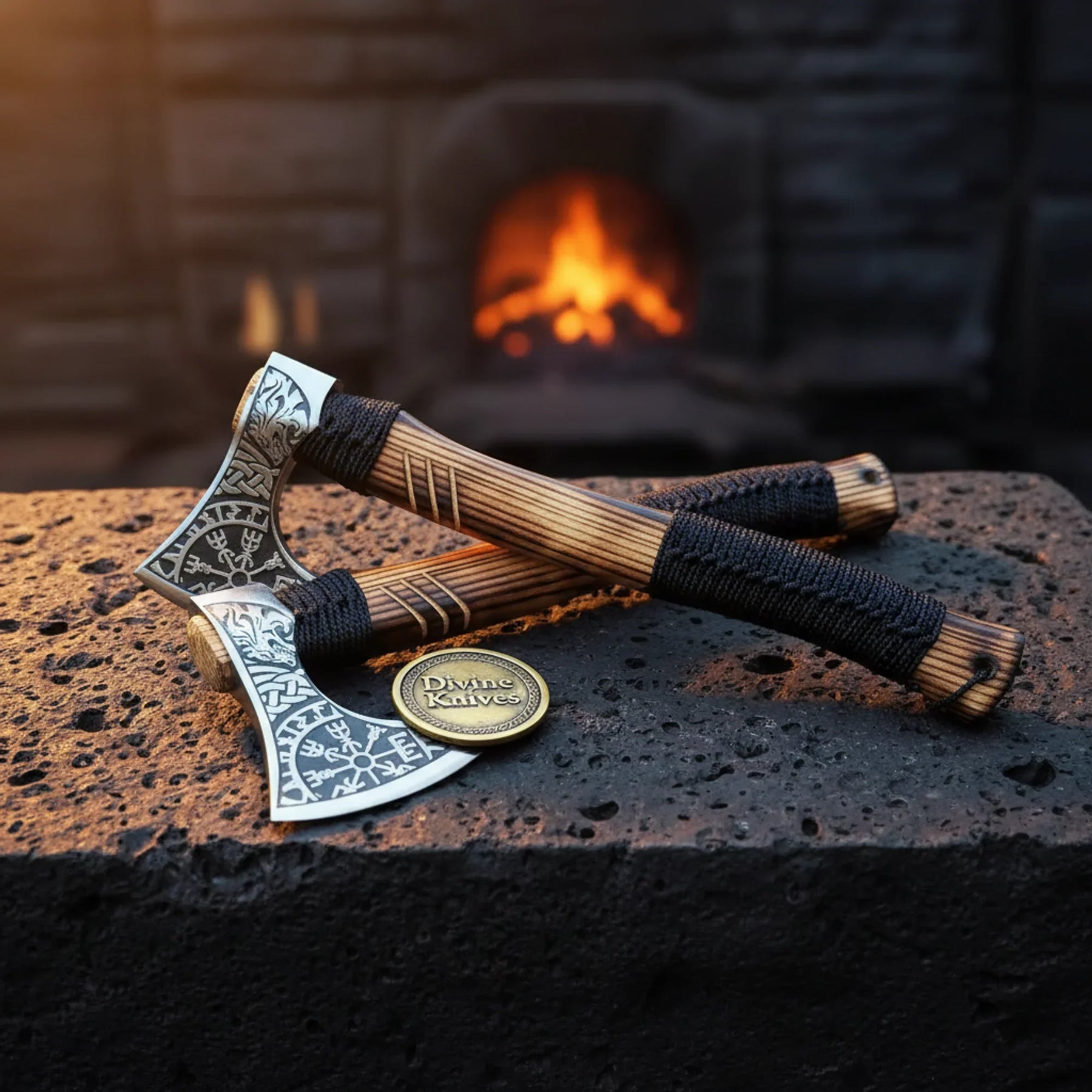Viking Camp Axe with Cord-Wrapped Handle & Vegvisir Etched Head