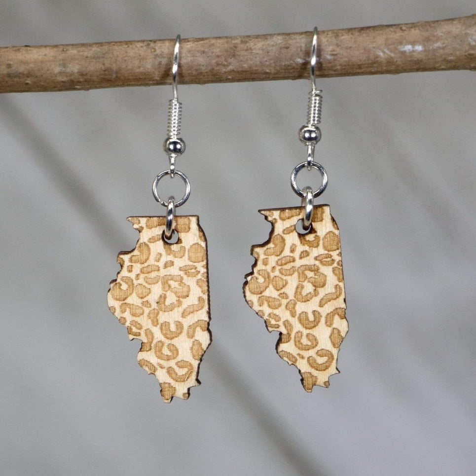 Illinois State Cheetah Print Wooden Earrings | State Pride Jewelry