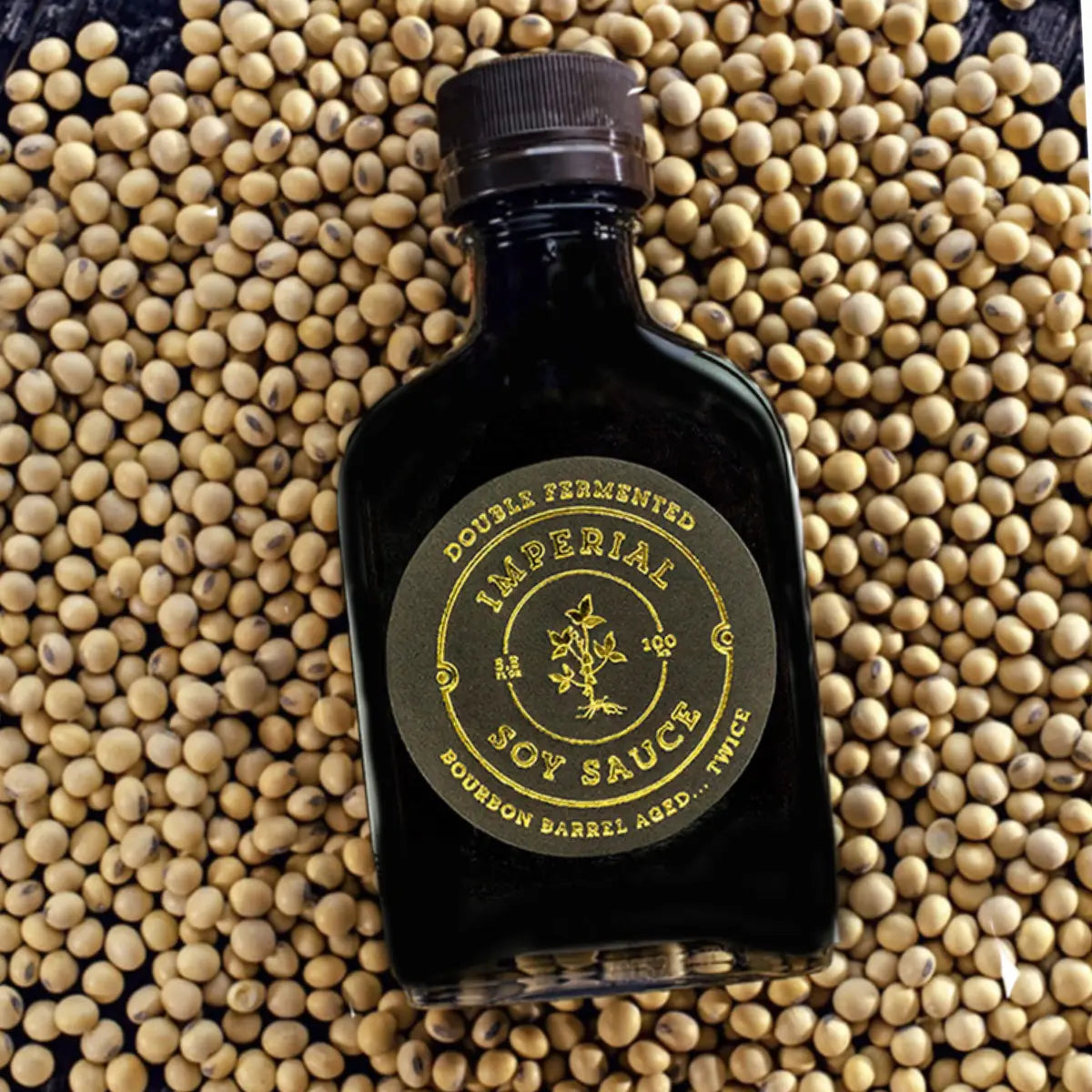 Imperial Double Fermented Soy Sauce bottle with soybeans