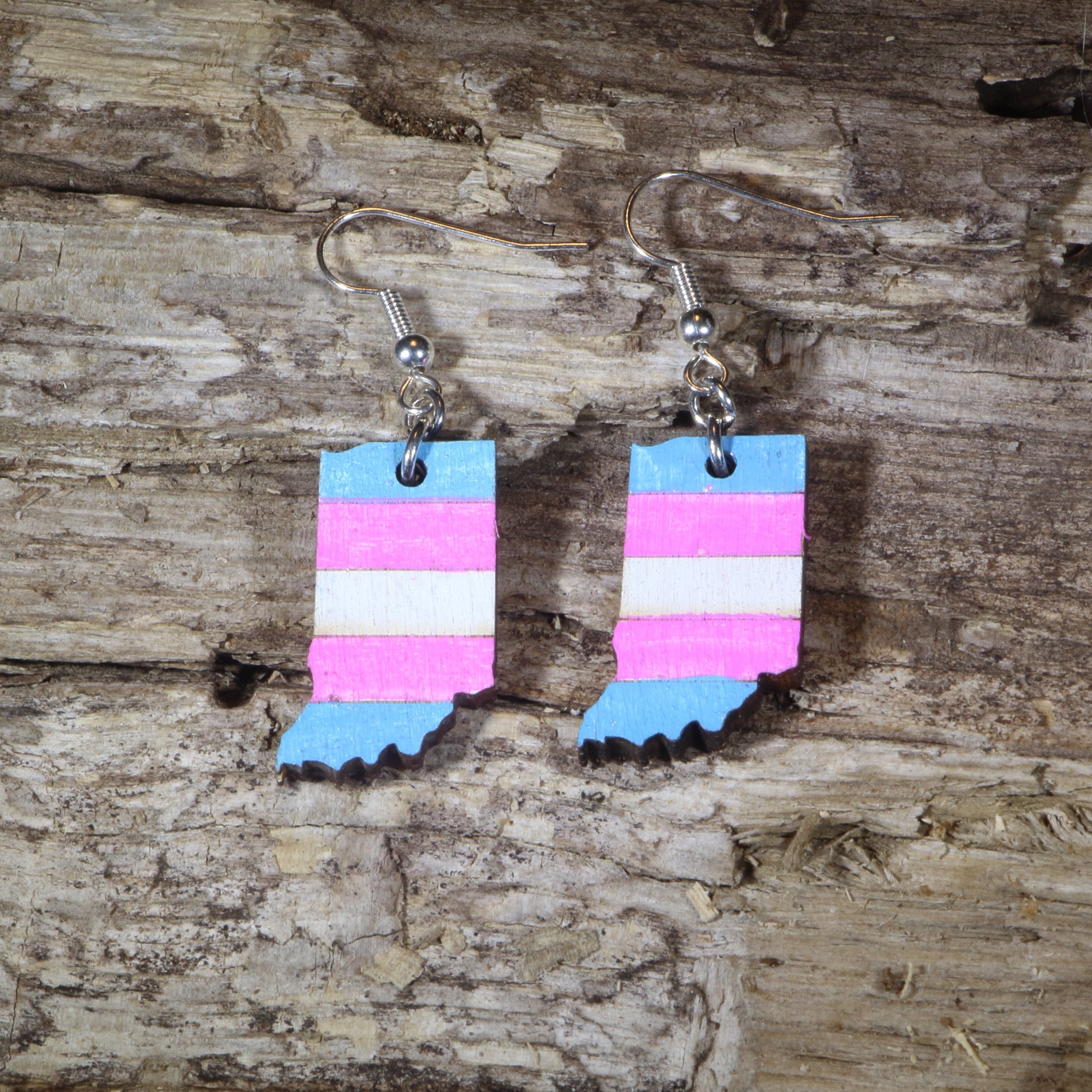 Indiana Transgender Pride Flag Wooden Dangle Earrings | LGBTQ State Pride Jewelry
