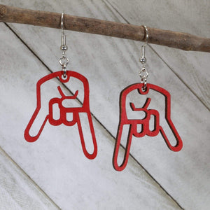 Inverted Hand Sign Wooden Dangle Earrings | Rock Gesture Jewelry