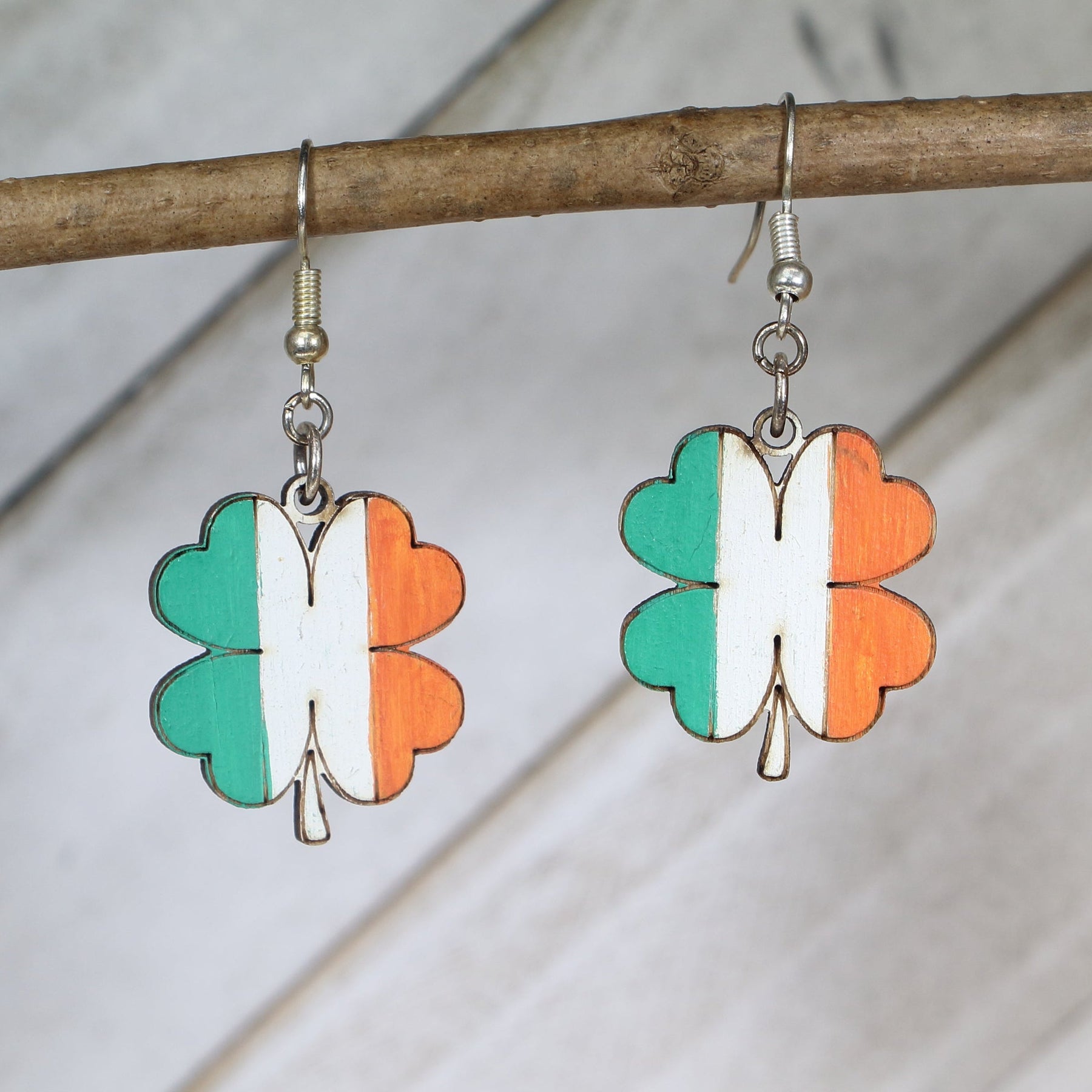 Irish Flag Four Leaf Clover Wooden Dangle Earrings | St Patrick’s Day Jewelry
