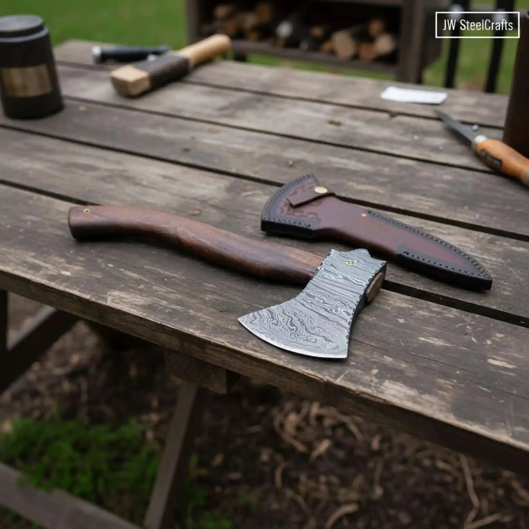 Damascus steel axe head with wood handle on rustic wood surface