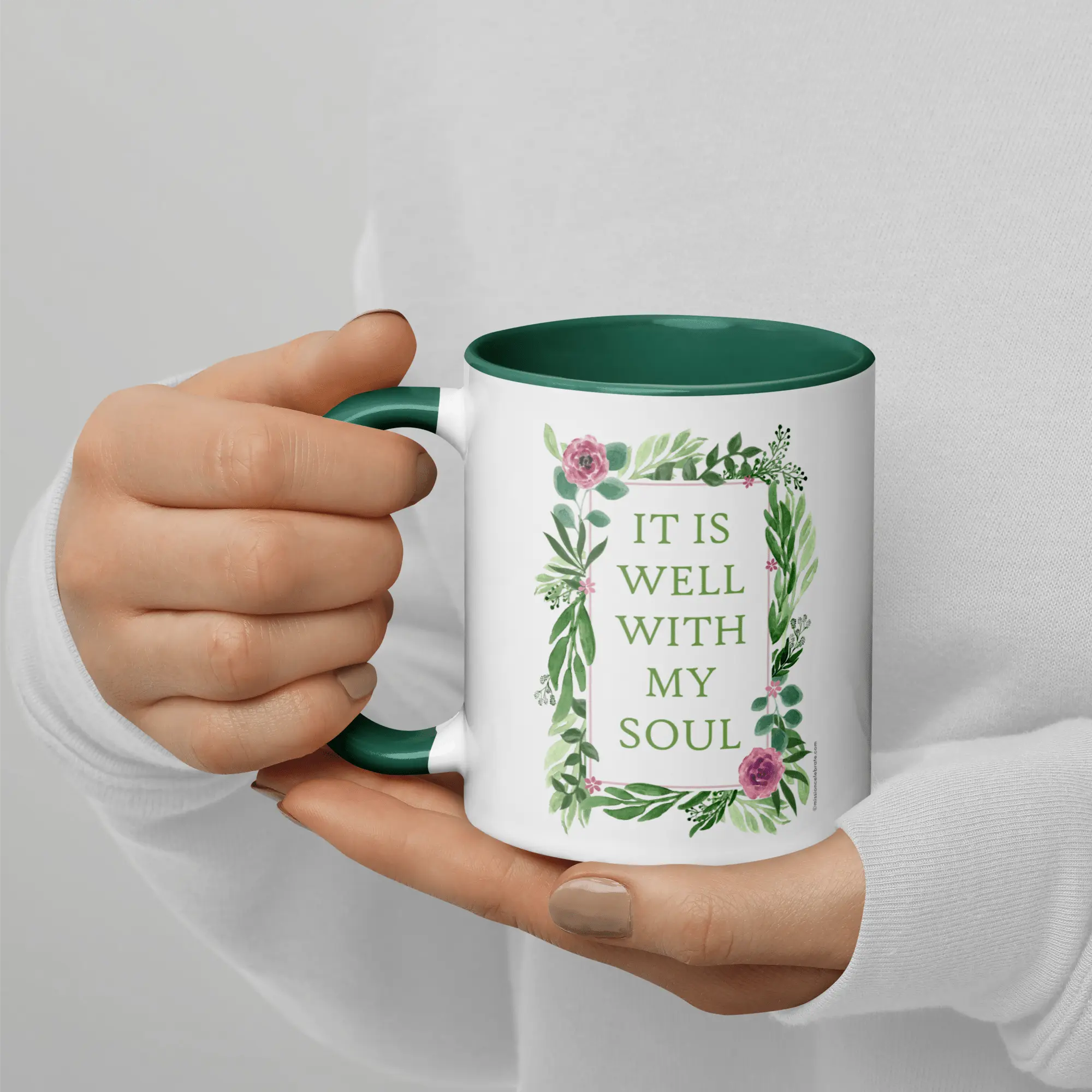 It Is Well With My Soul Mug - Floral Design, Green Accent - Main Street Collective