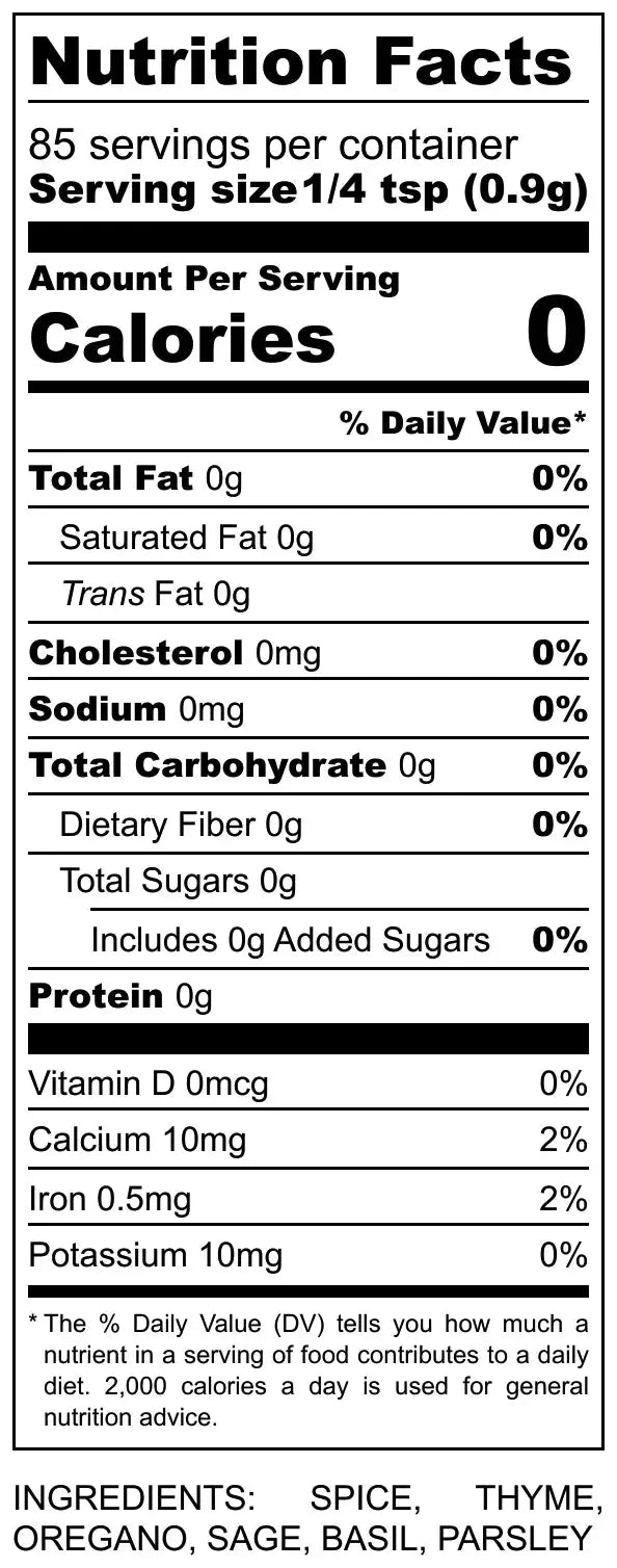 Nutrition Facts: Italian Spice Blend, 0 Calories, Low Sodium, 85 Servings. A detailed label image for healthy cooking.