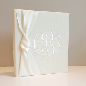Ivory linen handmade baby memory book with satin bow by AP Creations