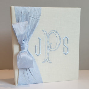 Ivory linen handmade baby memory book with silk bow by AP Creations