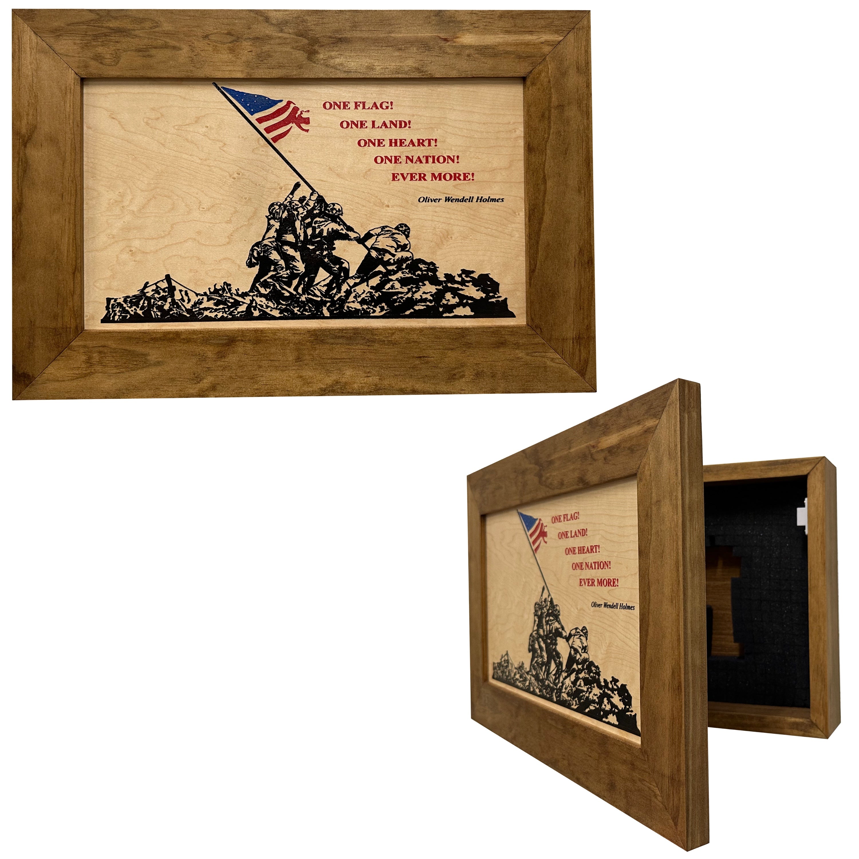 Iwo Jima flag raising wall-mounted secure gun cabinet by Bellewood Designs
