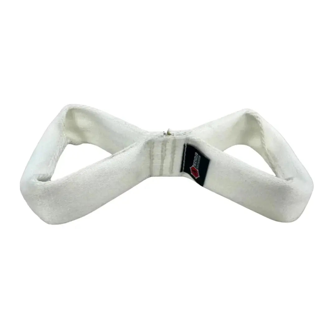 White double-loop firehose dog tug toy with a black and red tag