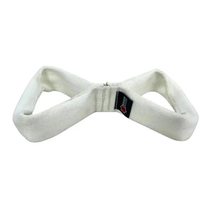 White double-loop firehose dog tug toy with a black and red tag