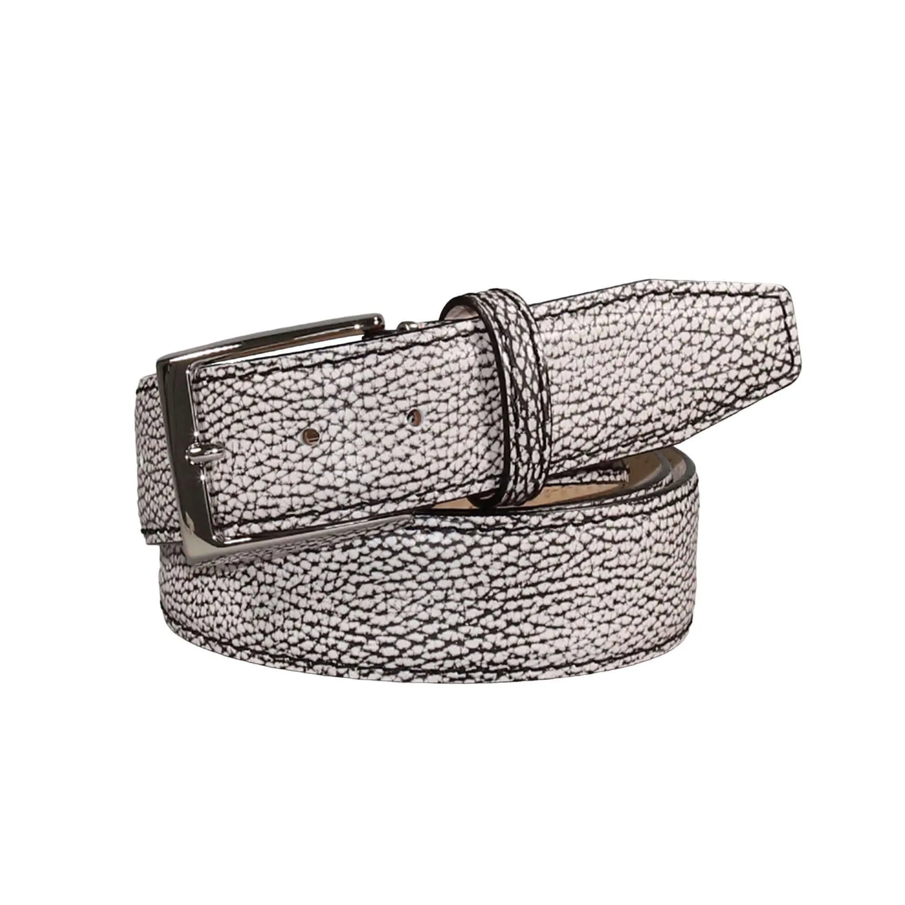 Black and white Italian pebble grain leather belt with custom stitching