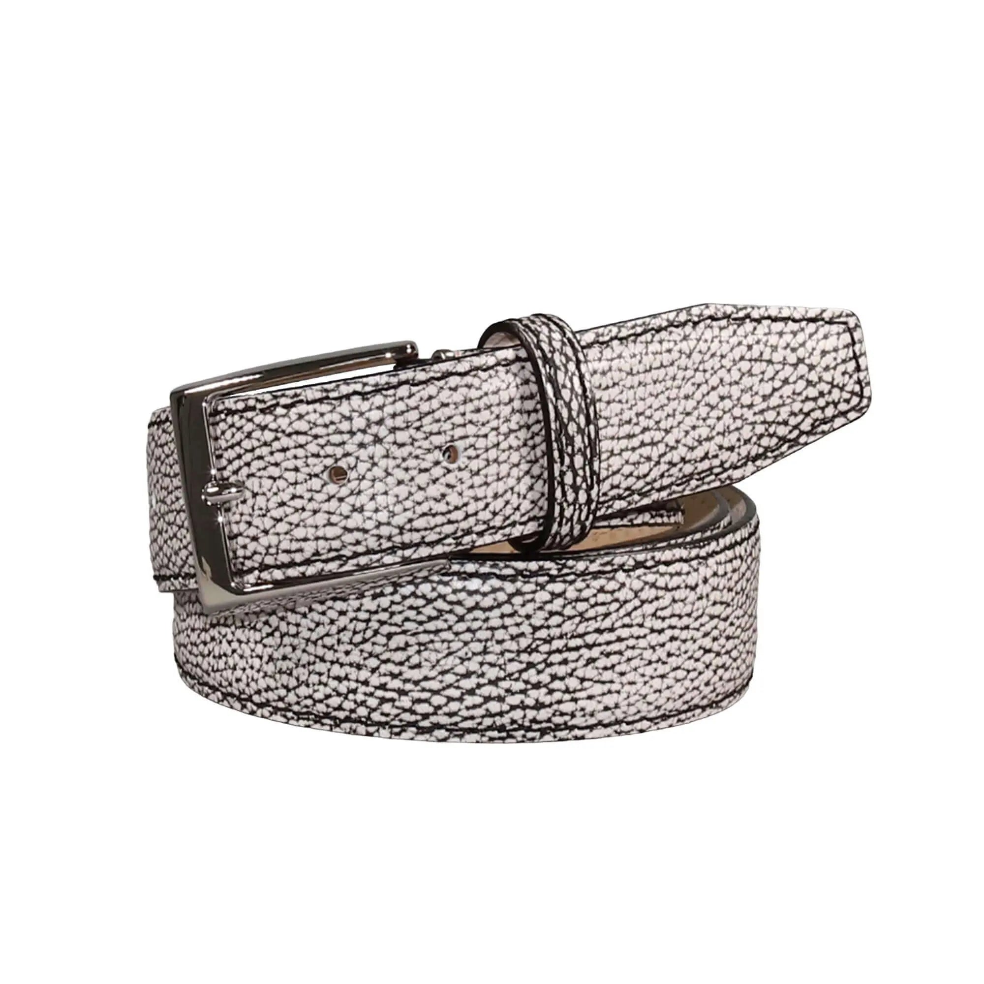 Black and white Italian pebble grain leather belt with custom stitching
