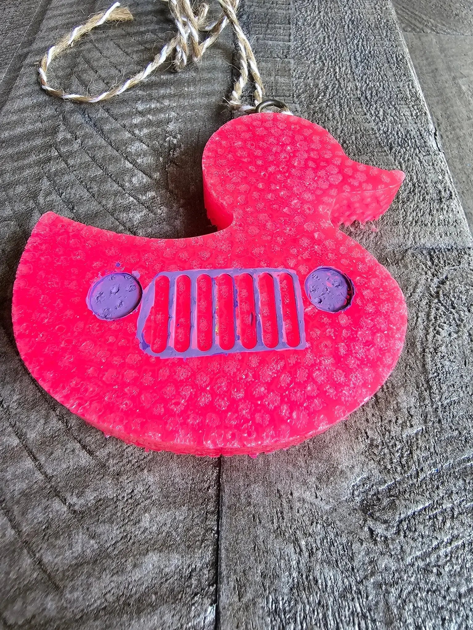 Jeep Duck Car Freshie - Main Street Collective Handmade Hot Pink Aroma Bead Air Freshener with Purple Jeep Grill Detail